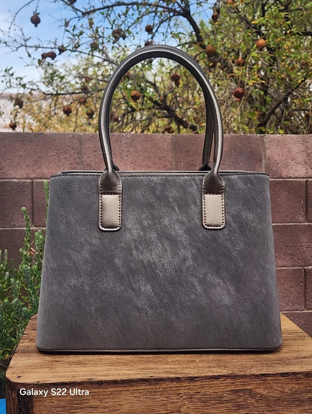 AR New York Grey Leather Satchel Handbag Crossbody Purse Top Handles